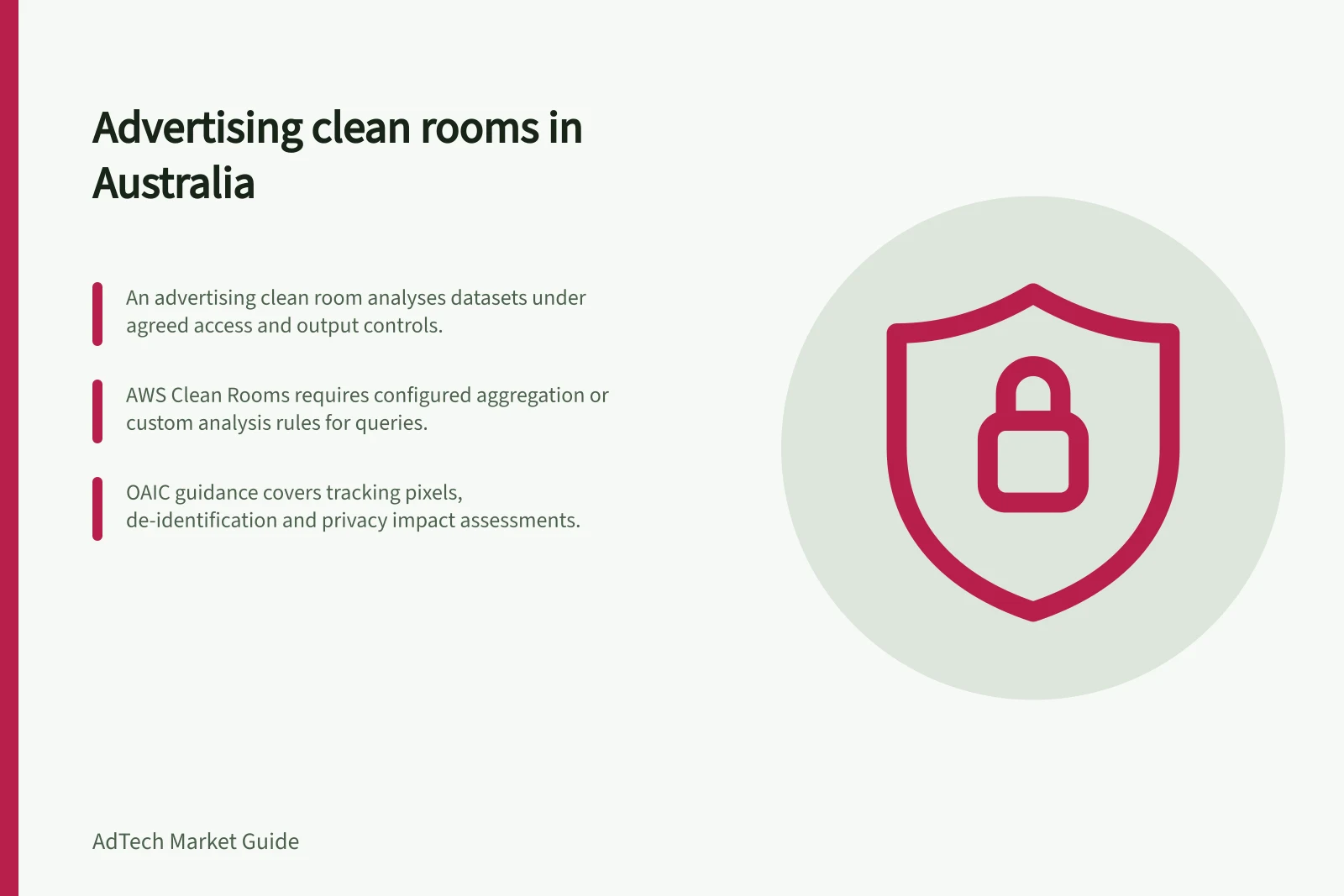 Advertising clean rooms in Australia: An advertising clean room analyses datasets under agreed access and output controls.; AWS Clean Rooms requires configured aggregation or custom analysis rules for queries.; OAIC guidance covers tracking pixels, de-identification and privacy impact assessments.