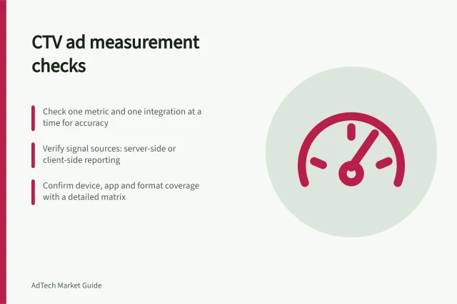 CTV ad measurement checks: Check one metric and one integration at a time for accuracy; Verify signal sources: server-side or client-side reporting; Confirm device, app and format coverage with a detailed matrix. Checking measurement support in a CTV ad stack
