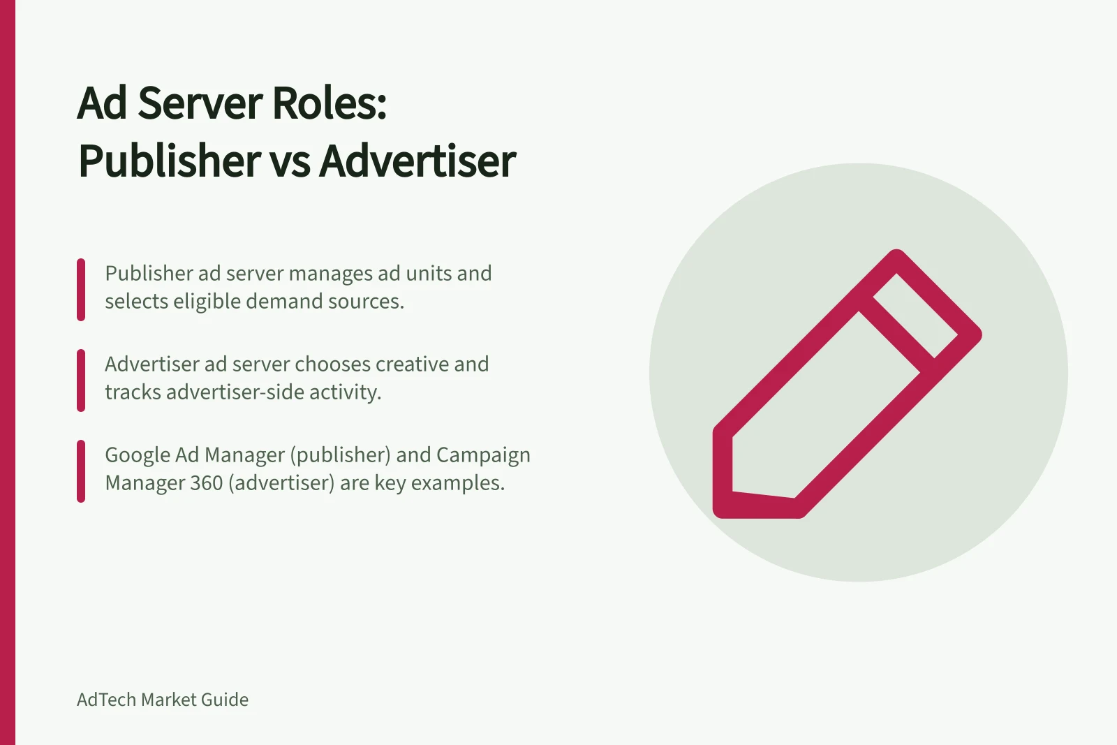 Ad Server Roles: Publisher vs Advertiser: Publisher ad server manages ad units and selects eligible demand sources.; Advertiser ad server chooses creative and tracks advertiser-side activity.; Google Ad Manager (publisher) and Campaign Manager 360 (advertiser) are key examples.