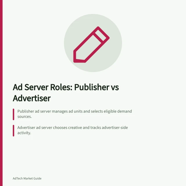 Ad Server Roles: Publisher vs Advertiser: Publisher ad server manages ad units and selects eligible demand sources.; Advertiser ad server chooses creative and tracks advertiser-side activity.; Google Ad Manager (publisher) and Campaign Manager 360 (advertiser) are key examples. Comparing advertiser and publisher ad servers