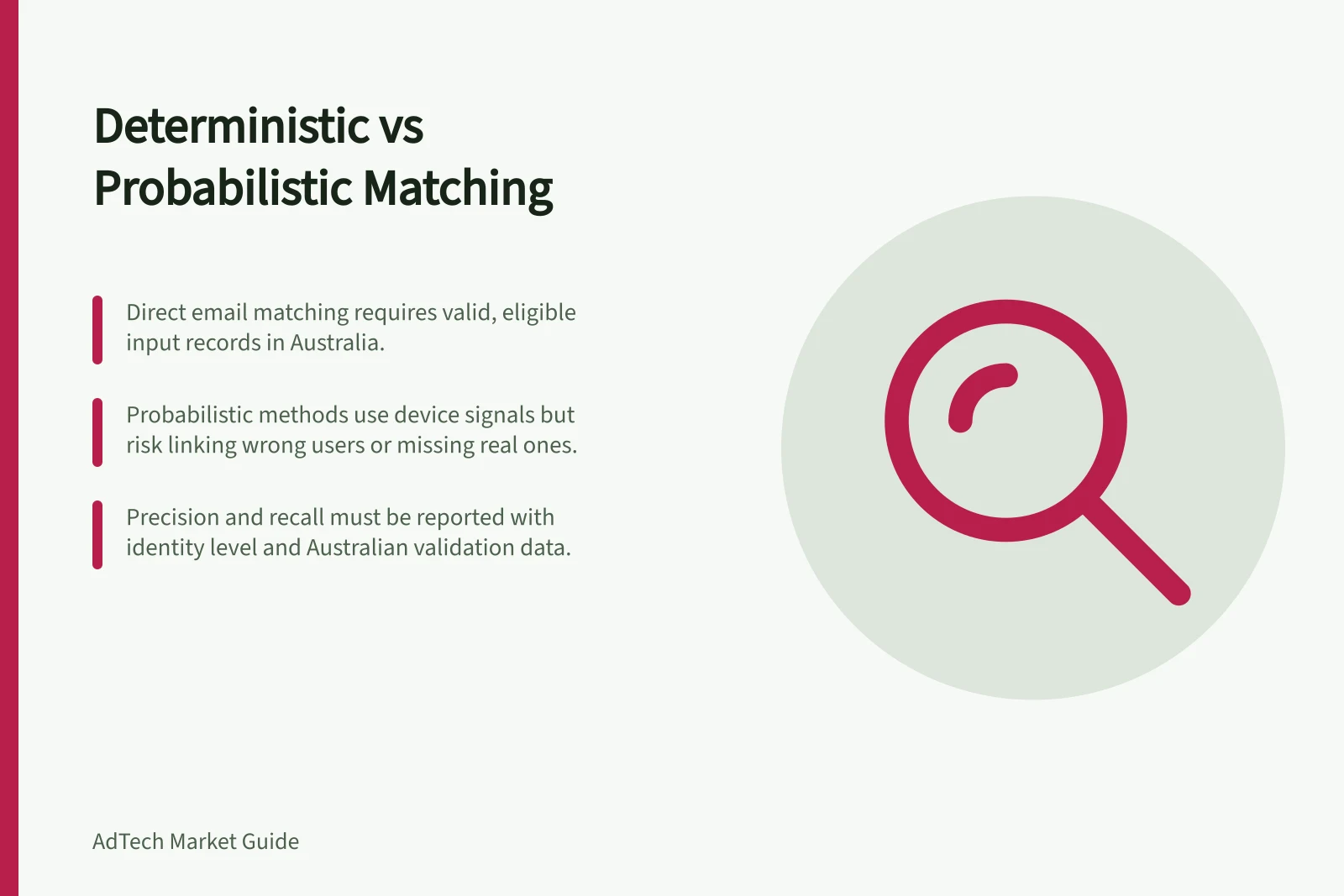Deterministic vs Probabilistic Matching: Direct email matching requires valid, eligible input records in Australia.; Probabilistic methods use device signals but risk linking wrong users or missing real ones.; Precision and recall must be reported with identity level and Australian validation data.