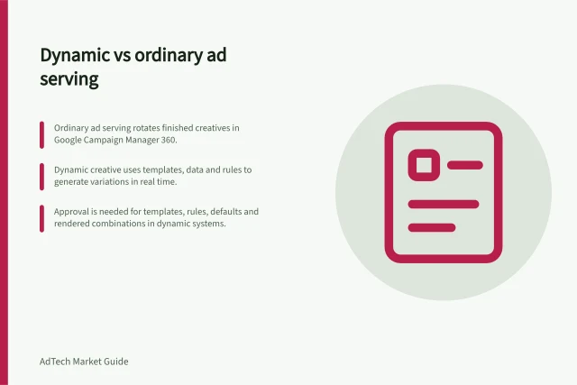 Dynamic vs ordinary ad serving: Ordinary ad serving rotates finished creatives in Google Campaign Manager 360.; Dynamic creative uses templates, data and rules to generate variations in real time.; Approval is needed for templates, rules, defaults and rendered combinations in dynamic systems. Comparing dynamic creative systems with ordinary ad serving