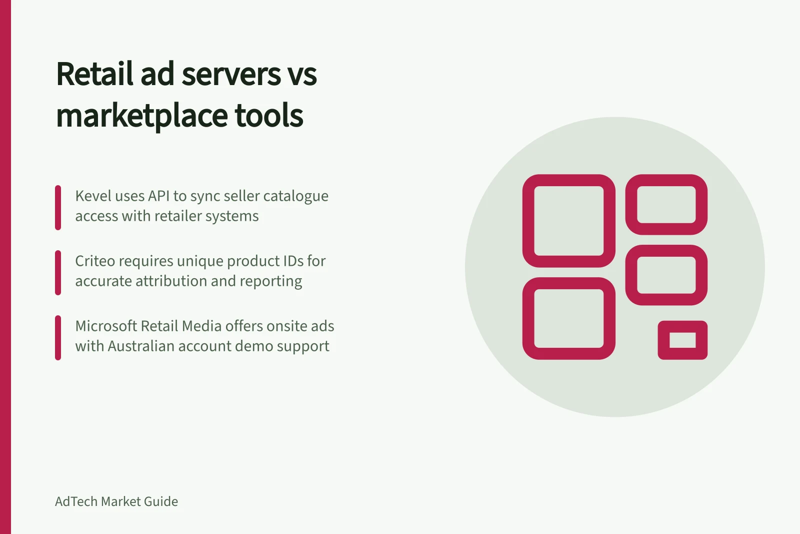 Retail ad servers vs marketplace tools: Kevel uses API to sync seller catalogue access with retailer systems; Criteo requires unique product IDs for accurate attribution and reporting; Microsoft Retail Media offers onsite ads with Australian account demo support