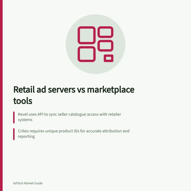 Retail ad servers vs marketplace tools: Kevel uses API to sync seller catalogue access with retailer systems; Criteo requires unique product IDs for accurate attribution and reporting; Microsoft Retail Media offers onsite ads with Australian account demo support. Comparing retail ad servers and marketplace monetisation tools