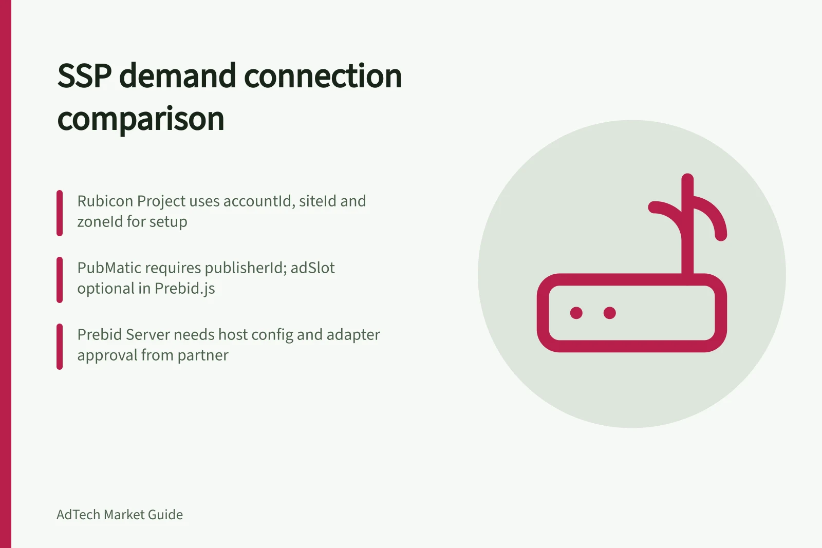 SSP demand connection comparison: Rubicon Project uses accountId, siteId and zoneId for setup; PubMatic requires publisherId; adSlot optional in Prebid.js; Prebid Server needs host config and adapter approval from partner