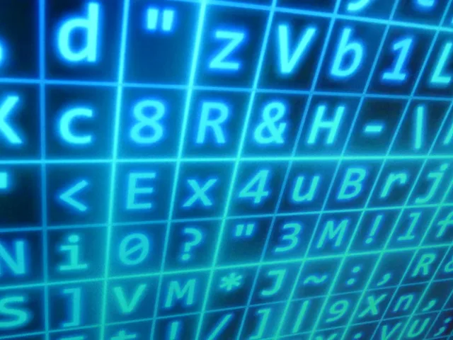 High-tech matrix display with blue glowing digital code symbols in rows and columns. Comparing verification coverage across formats