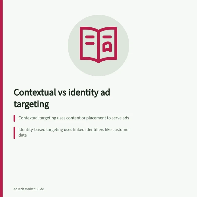 Contextual vs identity ad targeting: Contextual targeting uses content or placement to serve ads; Identity-based targeting uses linked identifiers like customer data; Combined rules need intersection checks before booking. Contextual targeting versus identity-based targeting