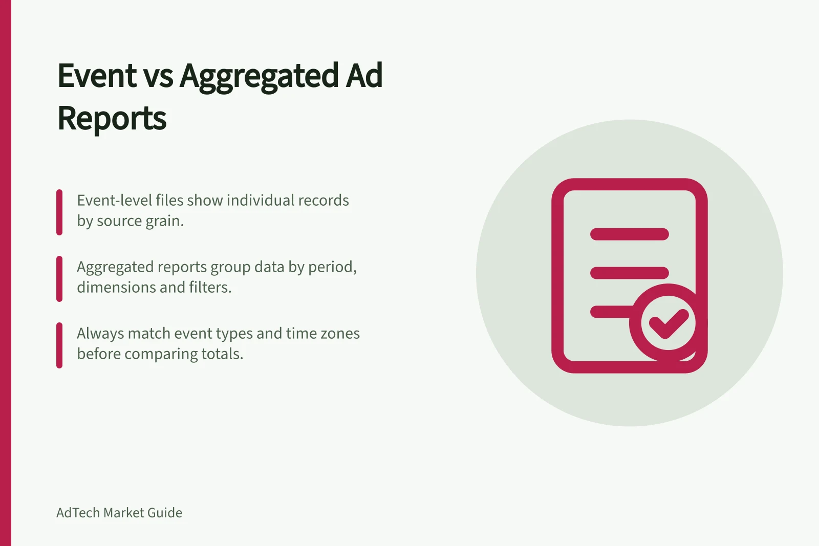Event vs Aggregated Ad Reports: Event-level files show individual records by source grain.; Aggregated reports group data by period, dimensions and filters.; Always match event types and time zones before comparing totals.