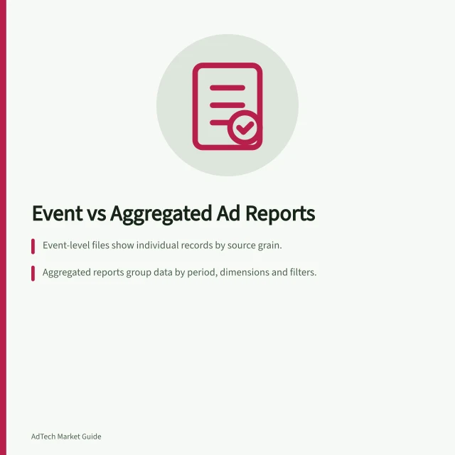 Event vs Aggregated Ad Reports: Event-level files show individual records by source grain.; Aggregated reports group data by period, dimensions and filters.; Always match event types and time zones before comparing totals. Distinguishing raw events from aggregated ad reports