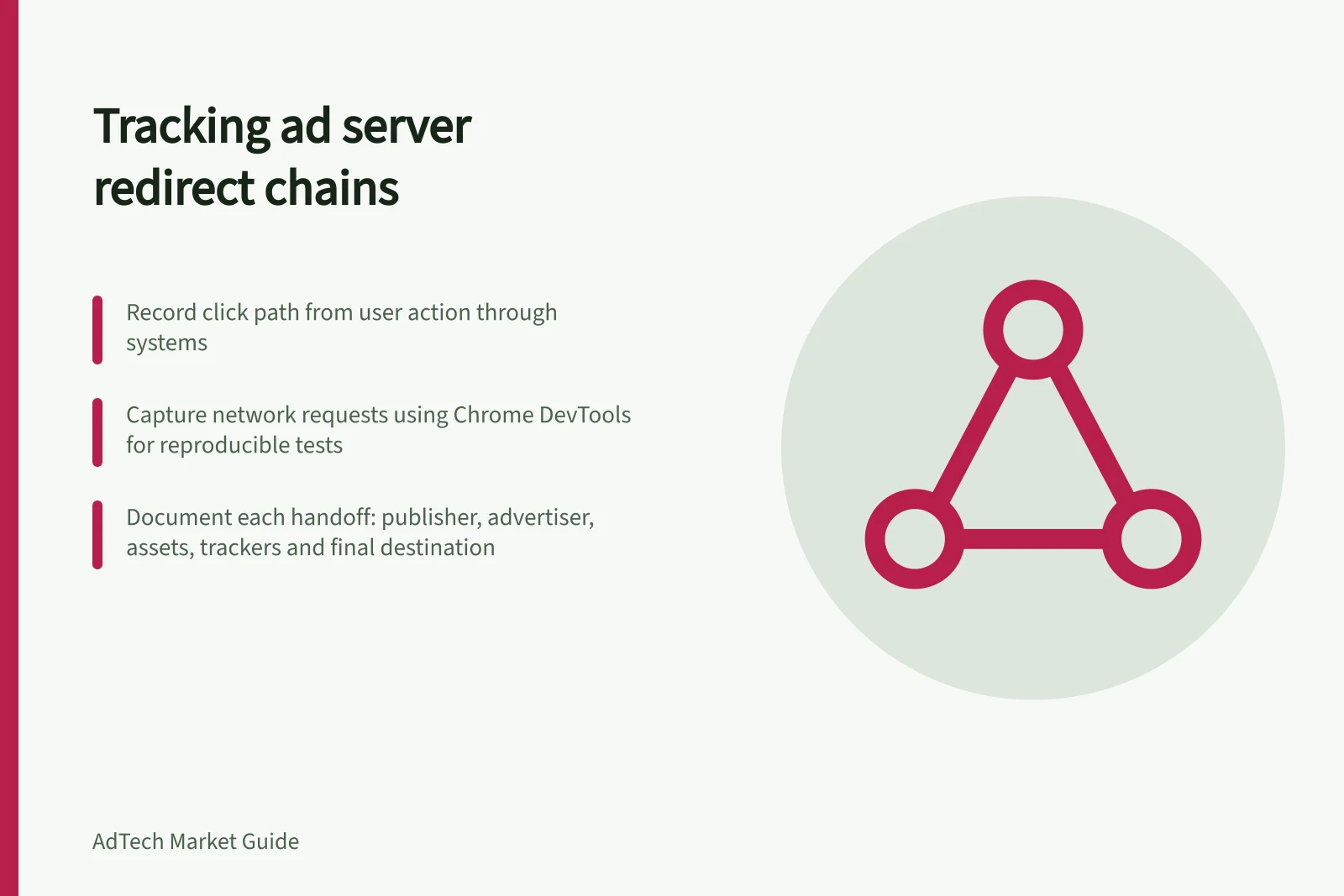 Tracking ad server redirect chains: Record click path from user action through systems; Capture network requests using Chrome DevTools for reproducible tests; Document each handoff: publisher, advertiser, assets, trackers and final destination