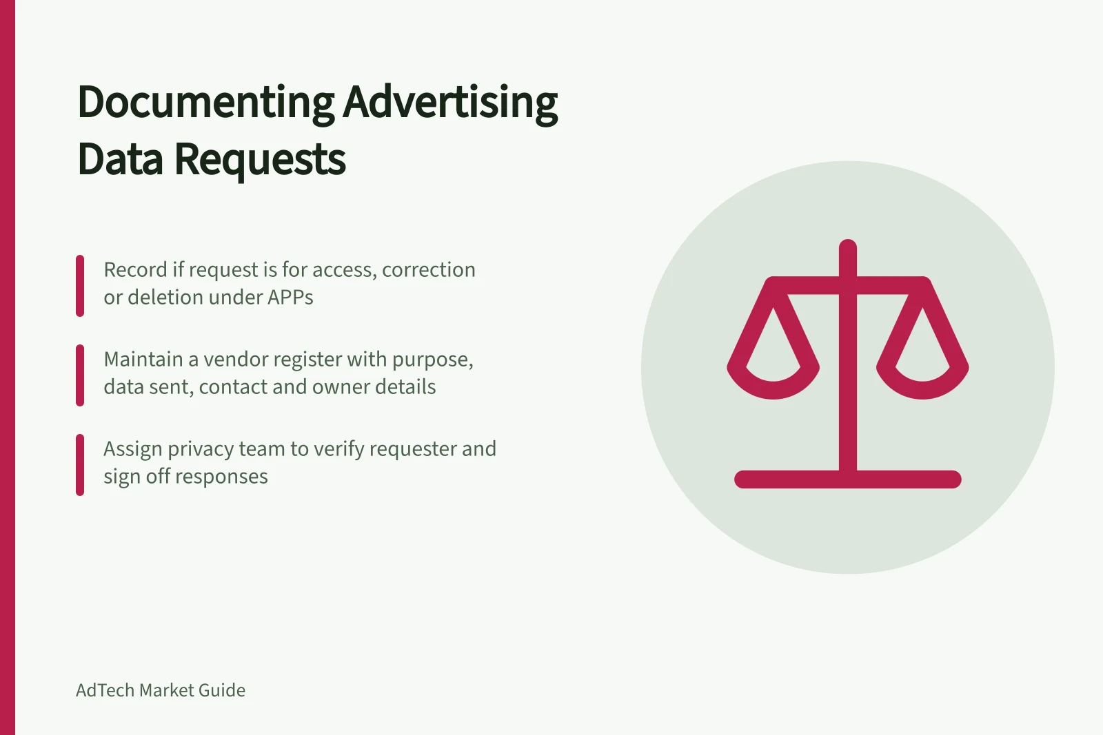 Documenting Advertising Data Requests: Record if request is for access, correction or deletion under APPs; Maintain a vendor register with purpose, data sent, contact and owner details; Assign privacy team to verify requester and sign off responses