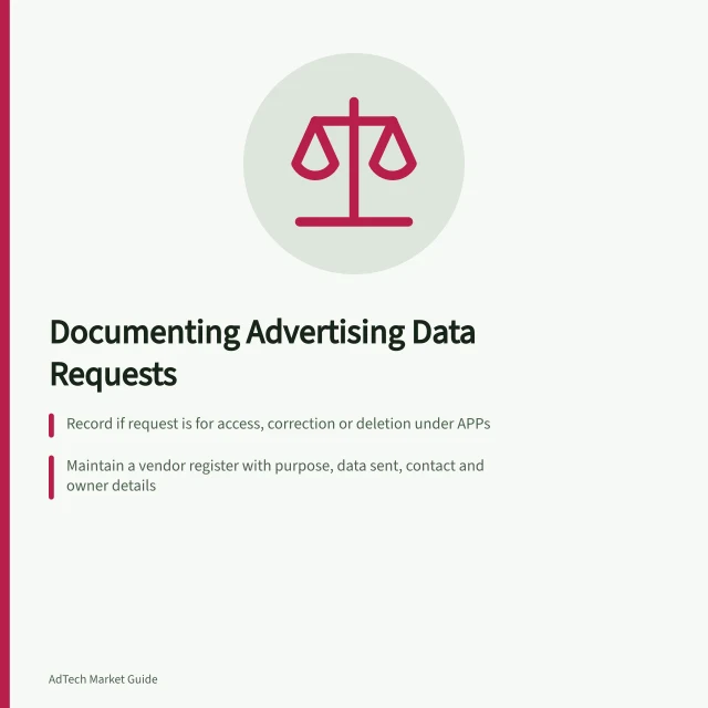 Documenting Advertising Data Requests: Record if request is for access, correction or deletion under APPs; Maintain a vendor register with purpose, data sent, contact and owner details; Assign privacy team to verify requester and sign off responses. Documenting responsibility for advertising data requests