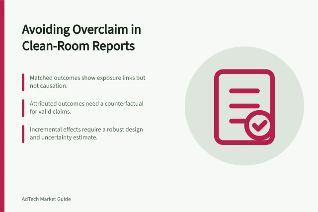 Avoiding Overclaim in Clean-Room Reports: Matched outcomes show exposure links but not causation.; Attributed outcomes need a counterfactual for valid claims.; Incremental effects require a robust design and uncertainty estimate. Evaluating clean room results without overstating causation
