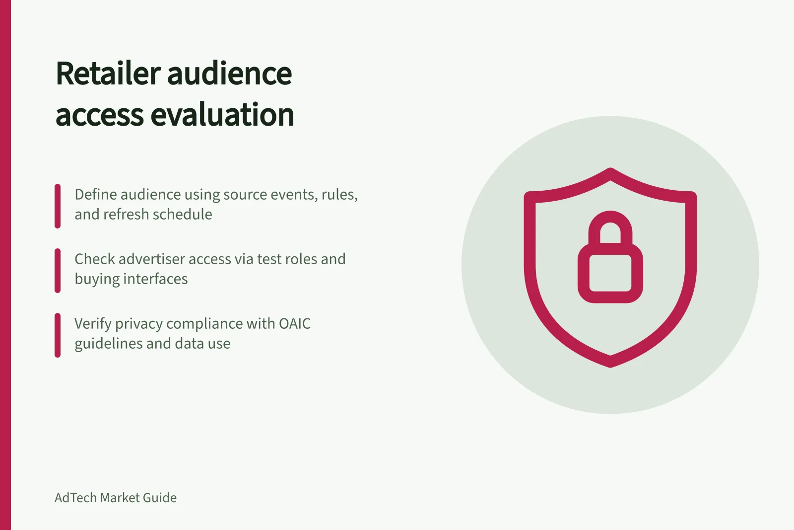 Retailer audience access evaluation: Define audience using source events, rules, and refresh schedule; Check advertiser access via test roles and buying interfaces; Verify privacy compliance with OAIC guidelines and data use