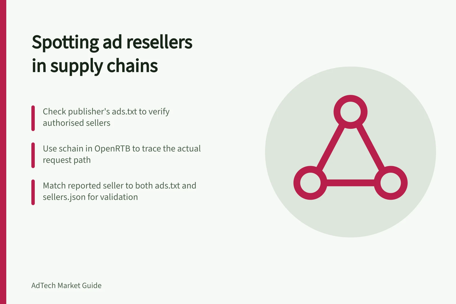 Spotting ad resellers in supply chains: Check publisher's ads.txt to verify authorised sellers; Use schain in OpenRTB to trace the actual request path; Match reported seller to both ads.txt and sellers.json for validation