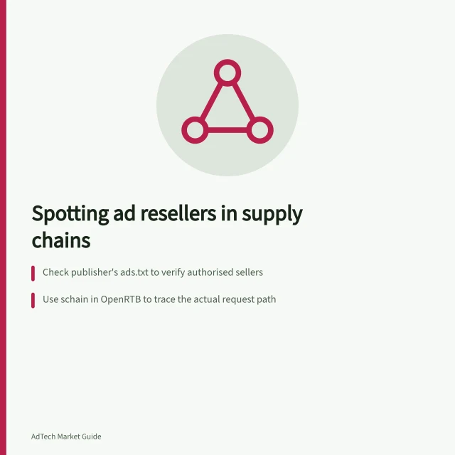 Spotting ad resellers in supply chains: Check publisher's ads.txt to verify authorised sellers; Use schain in OpenRTB to trace the actual request path; Match reported seller to both ads.txt and sellers.json for validation. Identifying resellers in an advertising supply path