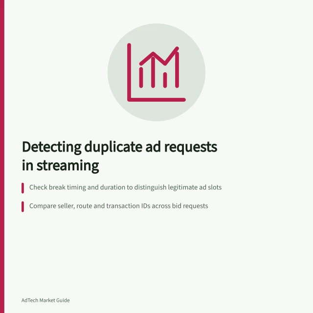 Detecting duplicate ad requests in streaming: Check break timing and duration to distinguish legitimate ad slots; Compare seller, route and transaction IDs across bid requests; Verify if both decisions appeared in the final manifest or playback. Investigating duplicate ad requests in streaming inventory