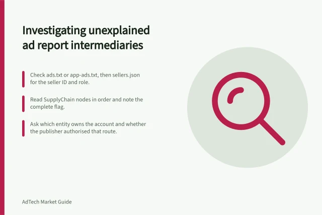 Investigating unexplained ad report intermediaries: Check ads.txt or app-ads.txt, then sellers.json for the seller ID and role.; Read SupplyChain nodes in order and note the complete flag.; Ask which entity owns the account and whether the publisher authorised that route. Investigating unexplained intermediaries in an ad report