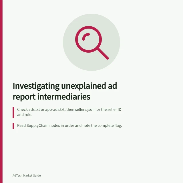 Investigating unexplained ad report intermediaries: Check ads.txt or app-ads.txt, then sellers.json for the seller ID and role.; Read SupplyChain nodes in order and note the complete flag.; Ask which entity owns the account and whether the publisher authorised that route. Investigating unexplained intermediaries in an ad report