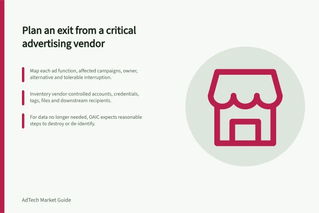 Plan an exit from a critical advertising vendor: Map each ad function, affected campaigns, owner, alternative and tolerable interruption.; Inventory vendor-controlled accounts, credentials, tags, files and downstream recipients.; For data no longer needed, OAIC expects reasonable steps to destroy or de-identify. Planning an exit from a critical advertising vendor