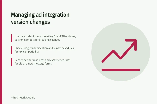 Managing ad integration version changes: Use date codes for non-breaking OpenRTB updates, version numbers for breaking changes; Check Google's deprecation and sunset schedules for API compatibility; Record partner readiness and coexistence rules for old and new message forms. Planning version changes in an ad integration