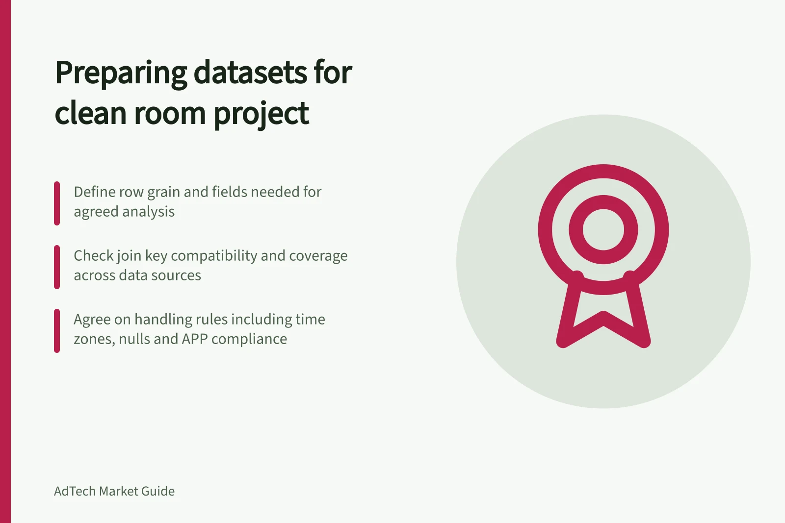 Preparing datasets for clean room project: Define row grain and fields needed for agreed analysis; Check join key compatibility and coverage across data sources; Agree on handling rules including time zones, nulls and APP compliance