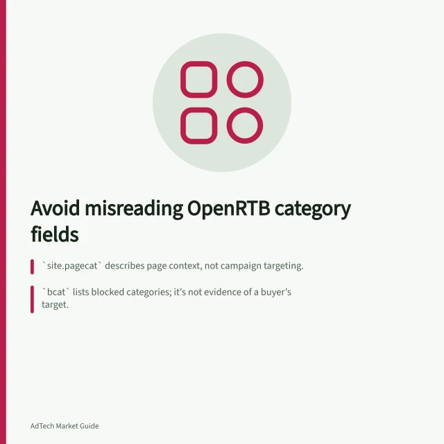 Avoid misreading OpenRTB category fields: `site.pagecat` describes page context, not campaign targeting.; `bcat` lists blocked categories; it’s not evidence of a buyer’s target.; Always verify taxonomy version and field source in OpenRTB 2.6. Reading an OpenRTB field without confusing it with a targeting rule