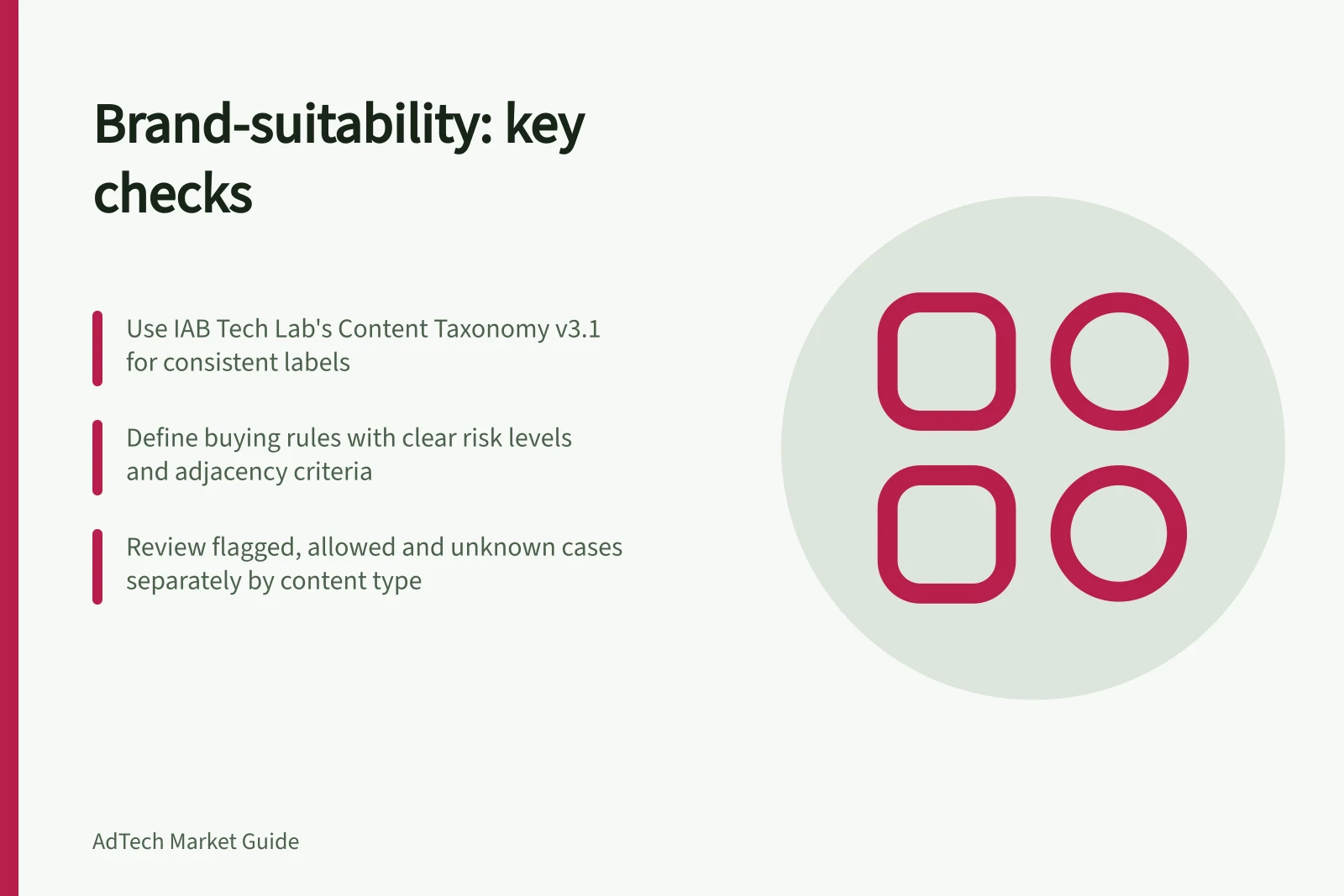 Brand-suitability: key checks: Use IAB Tech Lab's Content Taxonomy v3.1 for consistent labels; Define buying rules with clear risk levels and adjacency criteria; Review flagged, allowed and unknown cases separately by content type