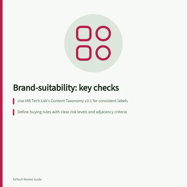 Brand-suitability: key checks: Use IAB Tech Lab's Content Taxonomy v3.1 for consistent labels; Define buying rules with clear risk levels and adjacency criteria; Review flagged, allowed and unknown cases separately by content type. Reviewing brand-suitability classifications