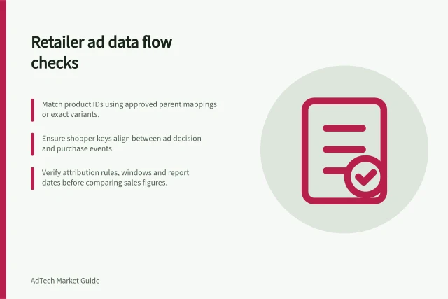 Retailer ad data flow checks: Match product IDs using approved parent mappings or exact variants.; Ensure shopper keys align between ad decision and purchase events.; Verify attribution rules, windows and report dates before comparing sales figures. Reviewing retailer measurement data flows