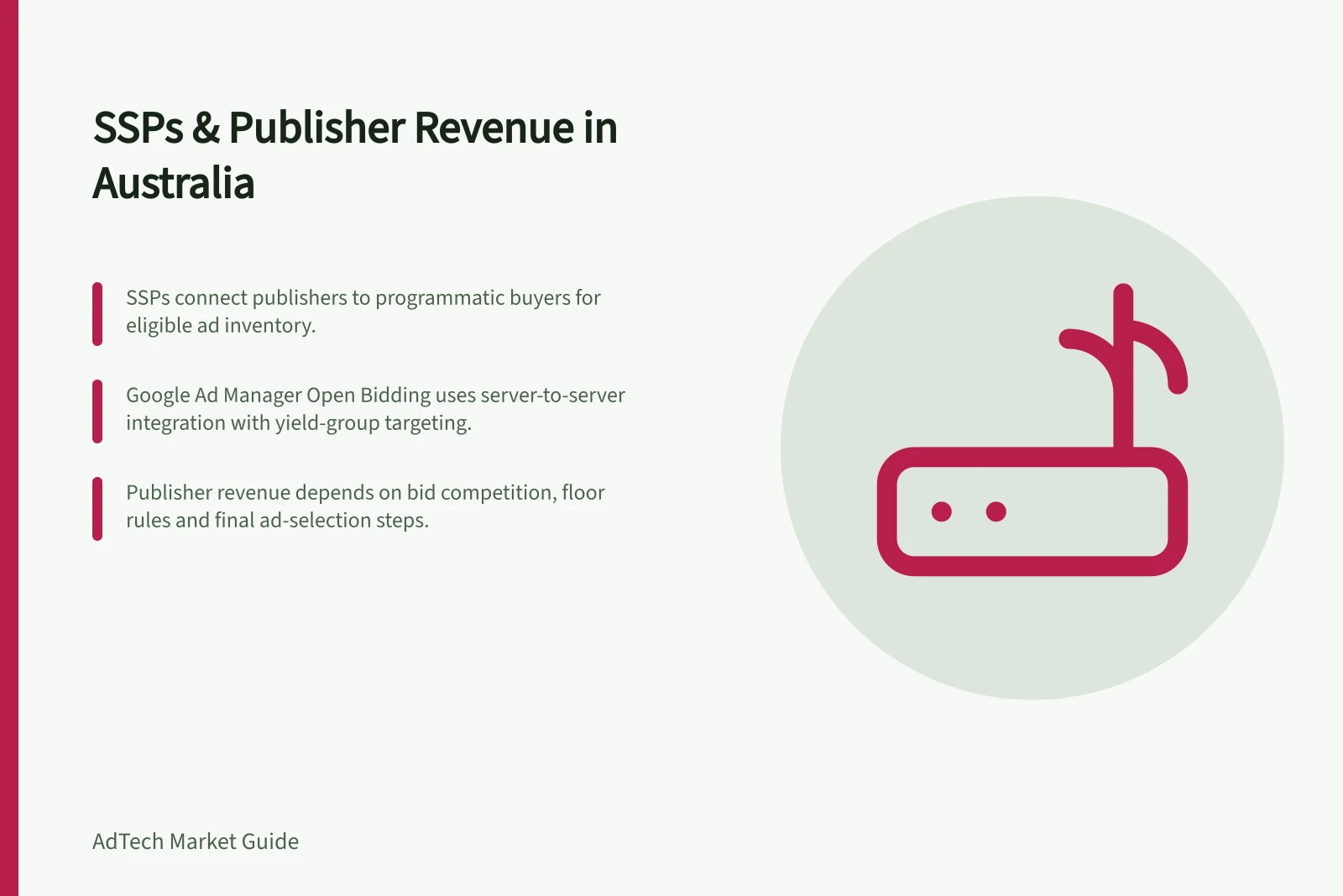 SSPs & Publisher Revenue in Australia: SSPs connect publishers to programmatic buyers for eligible ad inventory.; Google Ad Manager Open Bidding uses server-to-server integration with yield-group targeting.; Publisher revenue depends on bid competition, floor rules and final ad-selection steps.