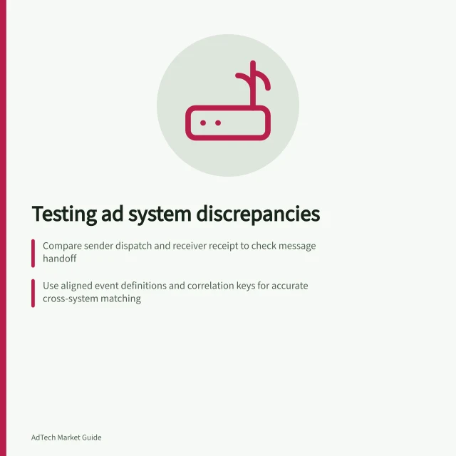 Testing ad system discrepancies: Compare sender dispatch and receiver receipt to check message handoff; Use aligned event definitions and correlation keys for accurate cross-system matching; Calculate absolute difference and percentage using same route, period and population. Testing discrepancies between connected advertising systems