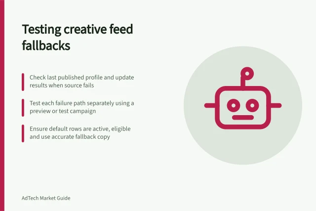 Testing creative feed fallbacks: Check last published profile and update results when source fails; Test each failure path separately using a preview or test campaign; Ensure default rows are active, eligible and use accurate fallback copy. Testing fallbacks when a creative feed is unavailable
