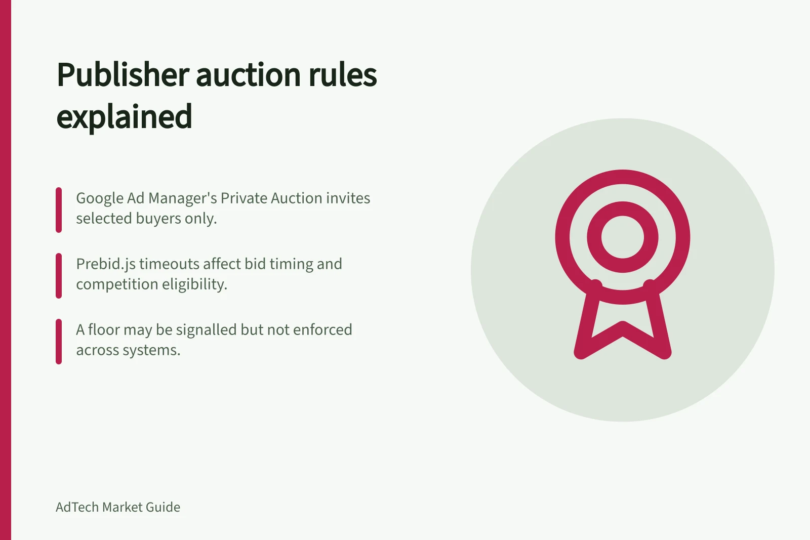 Publisher auction rules explained: Google Ad Manager's Private Auction invites selected buyers only.; Prebid.js timeouts affect bid timing and competition eligibility.; A floor may be signalled but not enforced across systems.