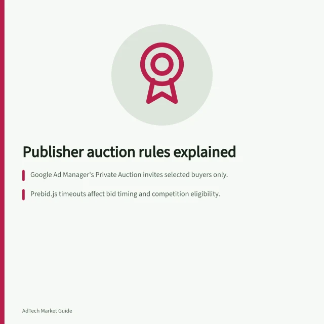 Publisher auction rules explained: Google Ad Manager's Private Auction invites selected buyers only.; Prebid.js timeouts affect bid timing and competition eligibility.; A floor may be signalled but not enforced across systems. Understanding a publisher's auction configuration