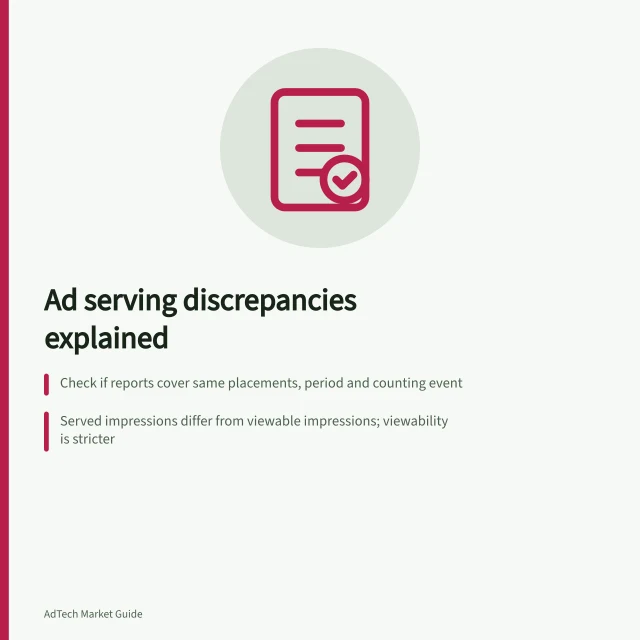 Ad serving discrepancies explained: Check if reports cover same placements, period and counting event; Served impressions differ from viewable impressions; viewability is stricter; Use (publisher − advertiser) ÷ publisher to calculate gap percentage. Understanding ad serving discrepancies between systems